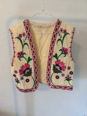 Embroidered Cream Floral Vest with Pink & Green Accents
